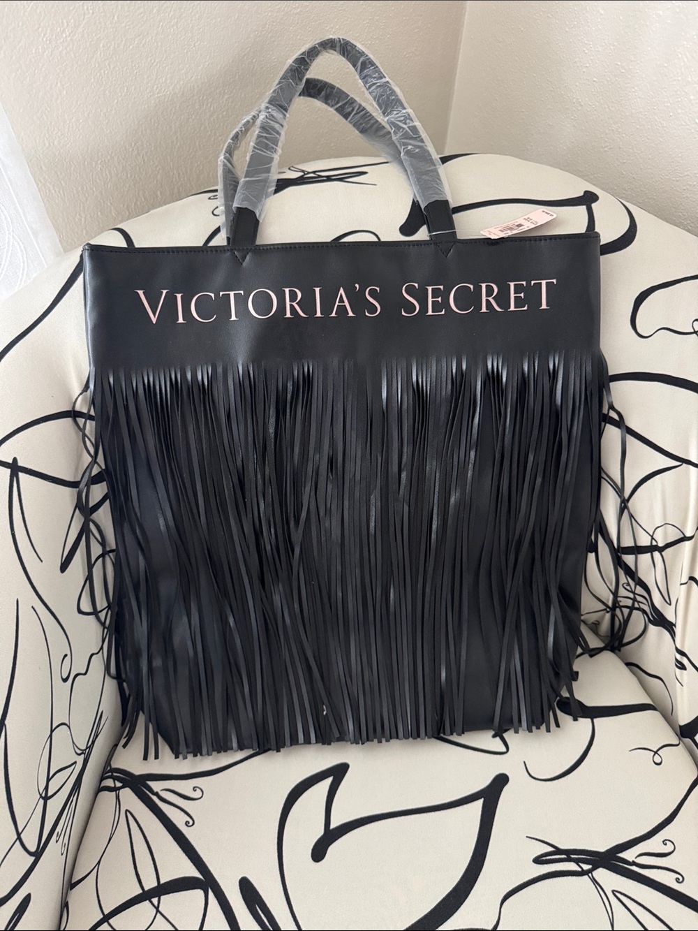 Victoria's Secret Black Fringe Tote with Pink Logo